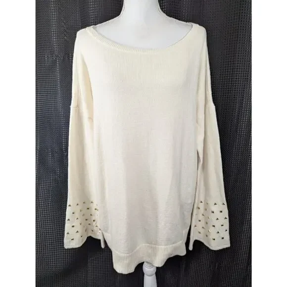 MICHAEL KORS! VANILLA CREAM BELL SLEEVE GOLD STUDDED SCOOP SWEATER! SZ XL - Picture 2 of 10